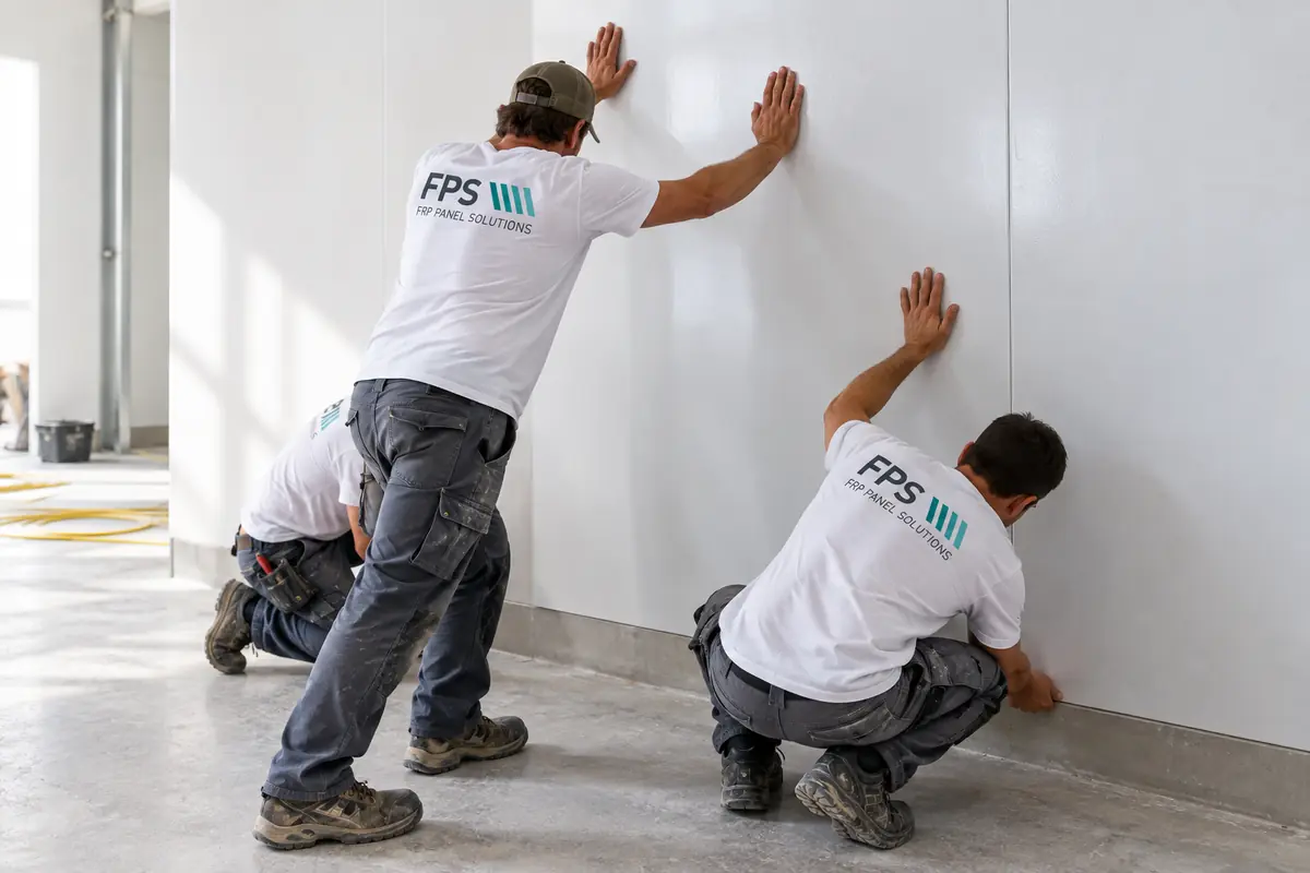 Deux poseurs FPS appliquent un panneau FRP blanc sur un mur en cours de chantier